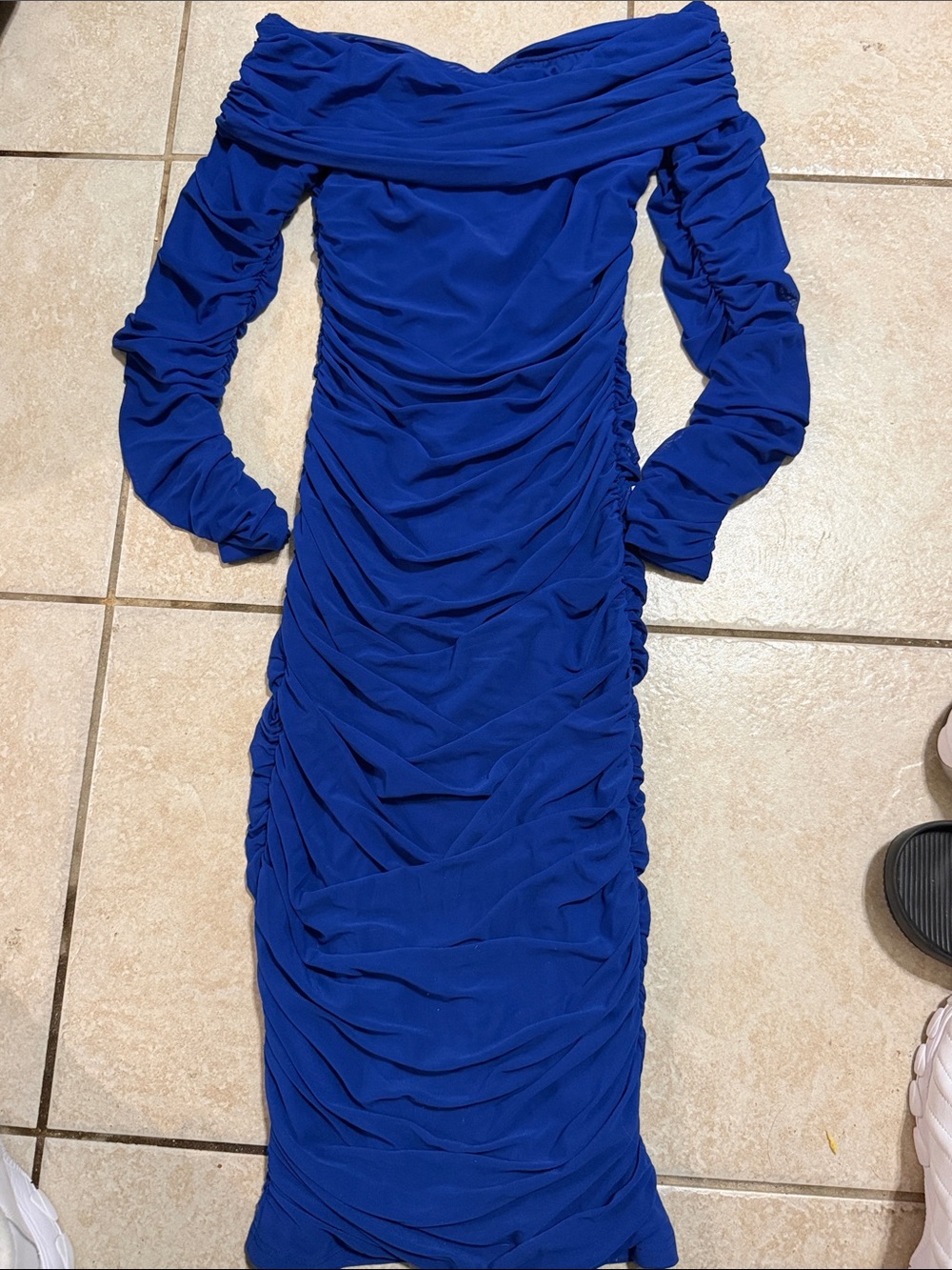 Off-Shoulder Ruched Midi Dress in Royal Blue